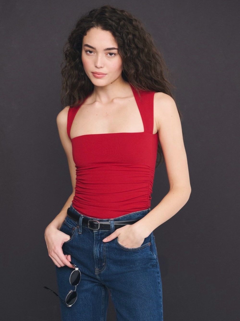 Abercrombie & Fitch Red Square Neck Ruched Tank